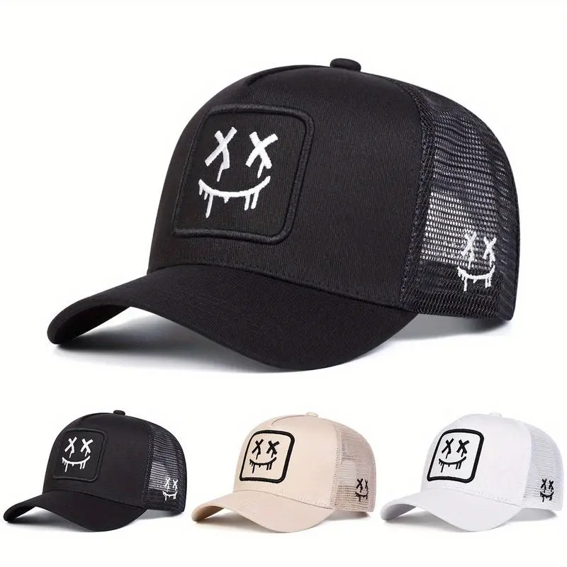 Smiley Face Patch Trucker Hat for Men & Women – Mesh Snapback Cap, Adjustable Casual Streetwear Baseball Hat for Daily Outdoor Wear