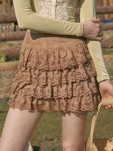 Cheese Mille Crepe Pantskirt Sakura Pink & Cream White High Waist Flower Hollow Design Lightweight Breathable Summer Skirt