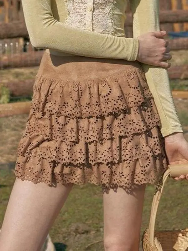Cheese Mille Crepe Pantskirt, Sakura Pink & Cream White, High Waist Flower Hollow Design, Breathable Light Bottom, Mini Length, Elongates Legs, Lightweight Summer Skirt SwimWeek