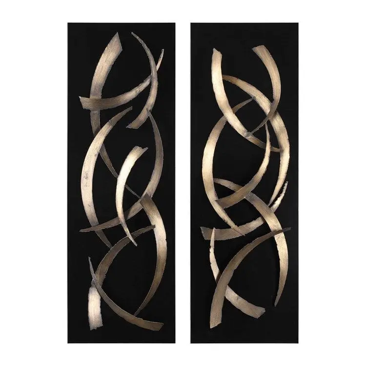 3D Artistic Brushstrokes Metal Wall Panels - 2-Piece, 16 w x 47 h x 4 d (in), 21 lbs., Brushed Gold & Matte Black Antique Finish, Individually Rough Cut Wall Mount Home Decor