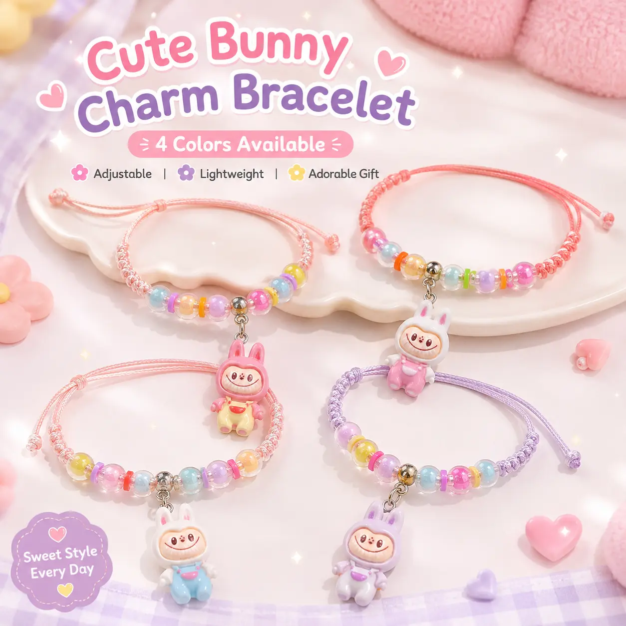 Kawaii Bunny Charm Bracelet, Adjustable Pastel Beaded Cord Bracelet with Cute Rabbit Pendant, Colorful Lightweight Friendship Jewelry for Everyday Wear, Birthday, Party Favor and Holiday Gift