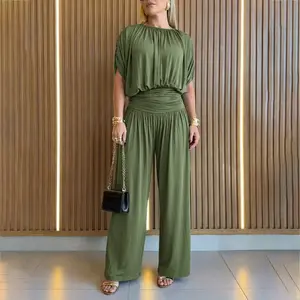 ChicMe Women's Batwing Sleeve Jumpsuit High Waisted Ruched Wide Leg Overalls Elegant One Piece Outfit