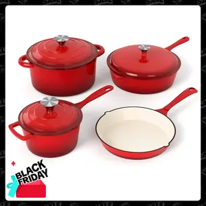 KITCHEN ACADEMY Enamel Cast Iron 7 Piece Cookware Set, Dutch Oven Pot with Lid, Red Non Stick Pots and Pans set, Oven Safe up to 500°F Cooking Modern, Deals for You