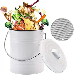 Compost Bin for Kitchen Counter, Small Metal Indoor Kitchen Sealed Compost Bin with Lid for Food Waste, Countertop Composter Container, White, 1 Gallon
