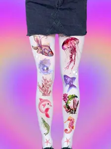 A pair of beautiful marine animal printed pantyhose, slim fit stockings, Harajuku street white women's socks, 2000s Y2K style leggings, Party wear Tights