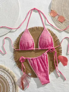 Women's Sexy Tie-Back Bikini Set, Sweet Triangle Design Self Tie Bikini, Sleeveless Drop-Waist Swimsuit, All Season Vacation Wear