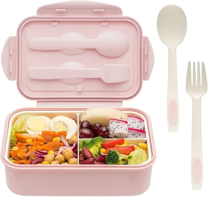 Bento Box for Adults & Kids, 1100ml Lunch Box with Spoon & Fork, Leakproof BPA-Free Lunch Container, 3-Compartment Food Storage for School, Work, Office, Picnic & Back to School