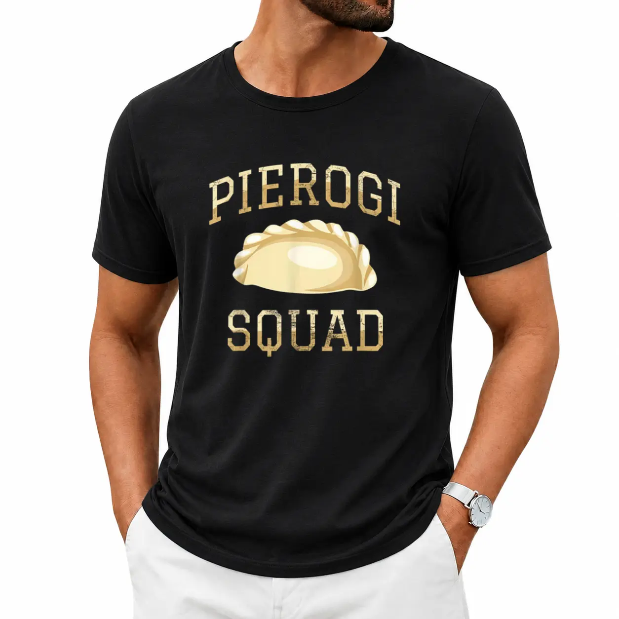 Bold Black Polish Pierogi T-Shirt with Yellow Dumpling Graphic and Squad Logo – Casual Round Neck Short Sleeve Tee for Polish Food Fans, Machine Washable