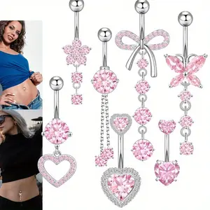 7Pcs Belly Button Ring Dangle Navel Belly Piercing Jewelry Cute Pink Heart Butterfly Bow Flower Navel Belly Rings for Women Stainless Steel Dainty Dangly Dangling Belly Button Piercing