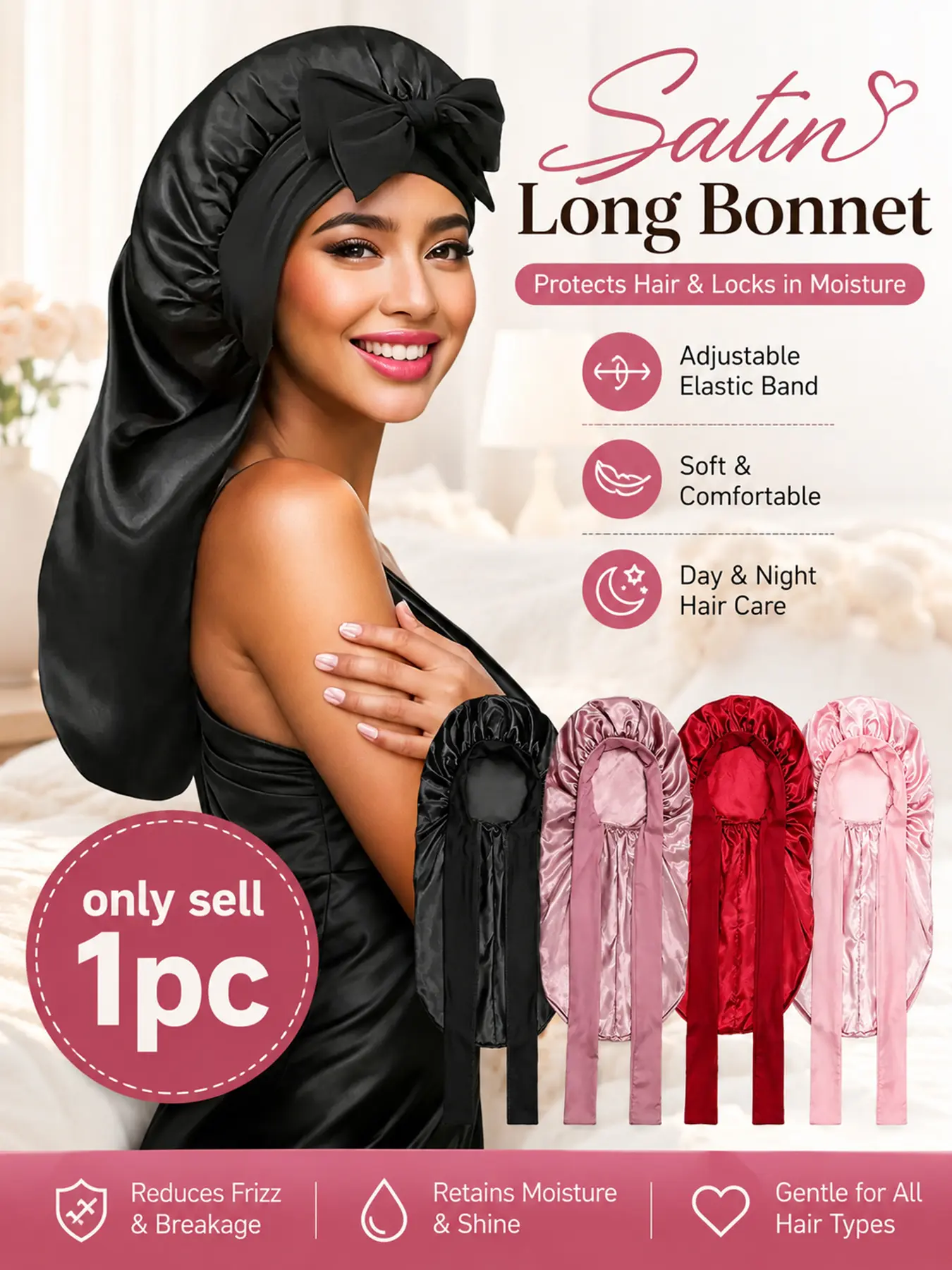 Long Satin Bonnet for Sleeping Women, Double Layer Silk Bonnet for Braids Hair Sleeping Cap with Elastic Tie Band, Reduce Frizz, Smooth, sleep bonnet for thick hair,adjustable satin bonnet,hair wrap for sleeping women