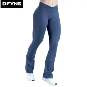 DFYNE Buttery Soft Seamless Flare Pants for Women Crossover V Waist Flared Leggings Smooth Tummy Control Yoga Workout Pants Bootcut Gym Trousers