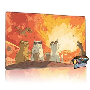 TCG, MTG, CCG RPG trading card game MATS, three cool cats in shades with coffee watching an epic meteor strike, prehistoric dinosaurs, fiery sky, non-slip, durable, desktop mat, playmat.