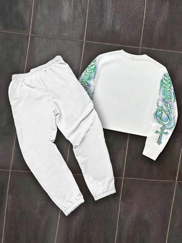 Men's Angel Print Warm Hoodie and Drawstring Waist Sweatpants Set, Casual Fitted Two-Piece, Spring & Fall Fashion