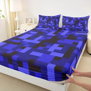 Feelyou Pixelated Blocks Deep Pocket Fitted Bed Sheet Set - Game Inspired Army Camouflage Miners Game Design, Geometric Grid Patchwork Room Decor, Black & Dark Blue Bedding (No Flat Sheet, Twin/Full/Queen Sizes)
