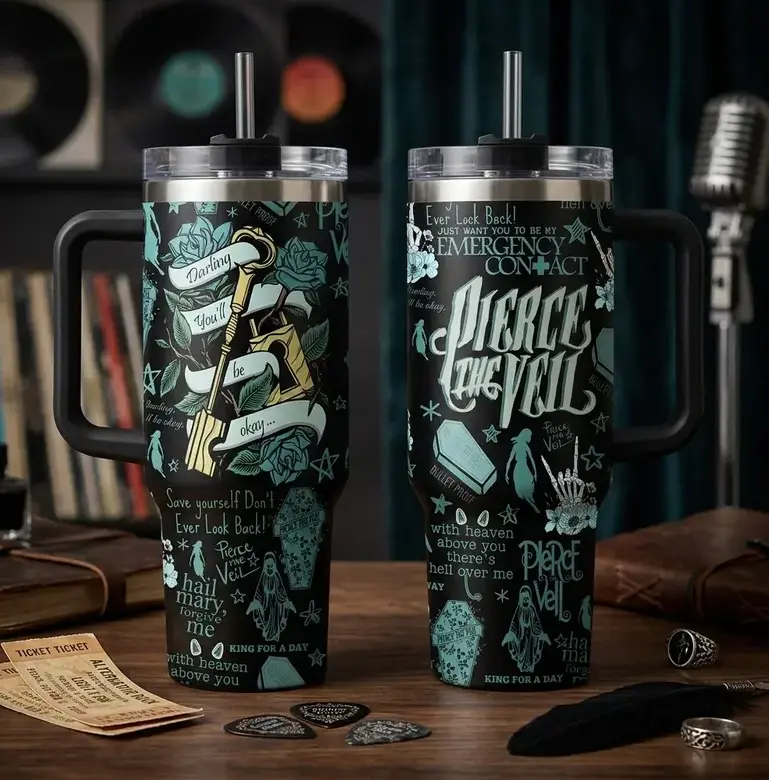 Pierce The Veil Darling You'll Be Okay Stainless Steel Vacuum Insulated Flasks - 20oz Skinny & 40oz Handle Tumblers with Gift Box & Straw, Portable Emo Rock Drinkware, Music Fan Gift