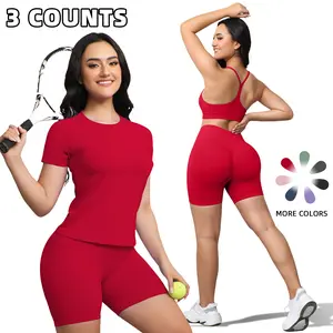 Women 3 piece gym sports yoga bra short sleeve high waist running shorts sports suit Casual Activewear