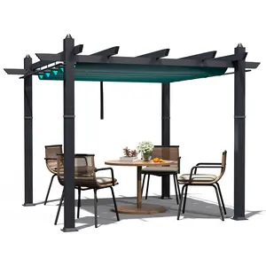 Modern Aluminum Pergola with Retractable Canopy & Side Mesh – Faux Wood Grain Patio Gazebo, Mosquito Netting, UV Protection – Ideal for Backyard, Deck, or Garden, Beige & White, 10x13FT