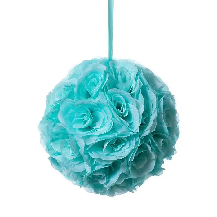 12" Rose Ball W/Ribbon Aqua