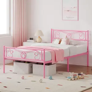 Pink Twin Bed Frame with Headboard and Footboard for Girls, Twin Size Bed Metal Platform with Steel Slat Support, Mattress Foundation with Storage, No Box Spring Needed, Easy Assembly