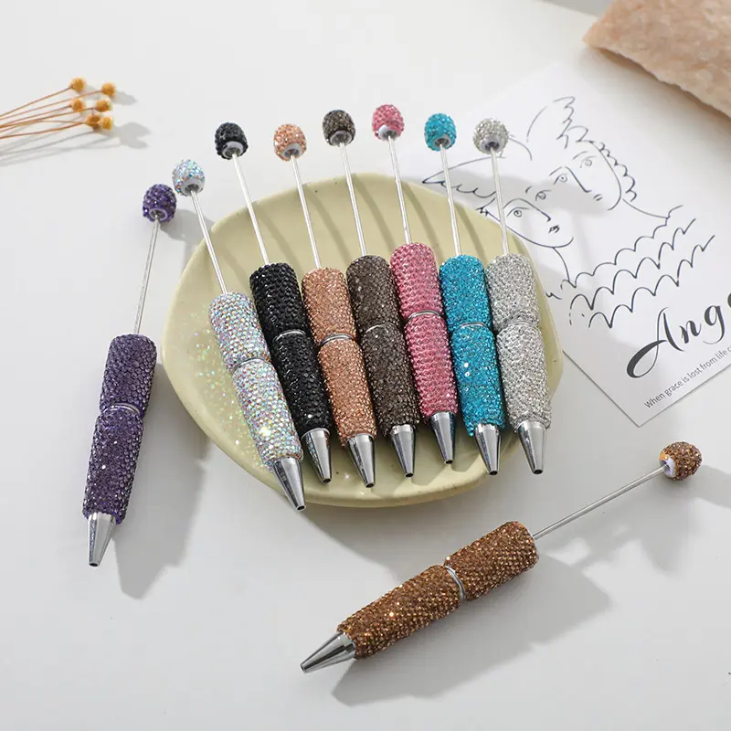 DIY Beadable Pen Making Bedazzling Kit - Glow & Glitz Character Theme, Plastic Beads, Pearl Rhinestones, Water Diamonds, 1 Refillable Retractable Round Plastic Pen with Base, Black Ink Refill, Sparkly Beaded Glam, Glittery Look Journaling Tool