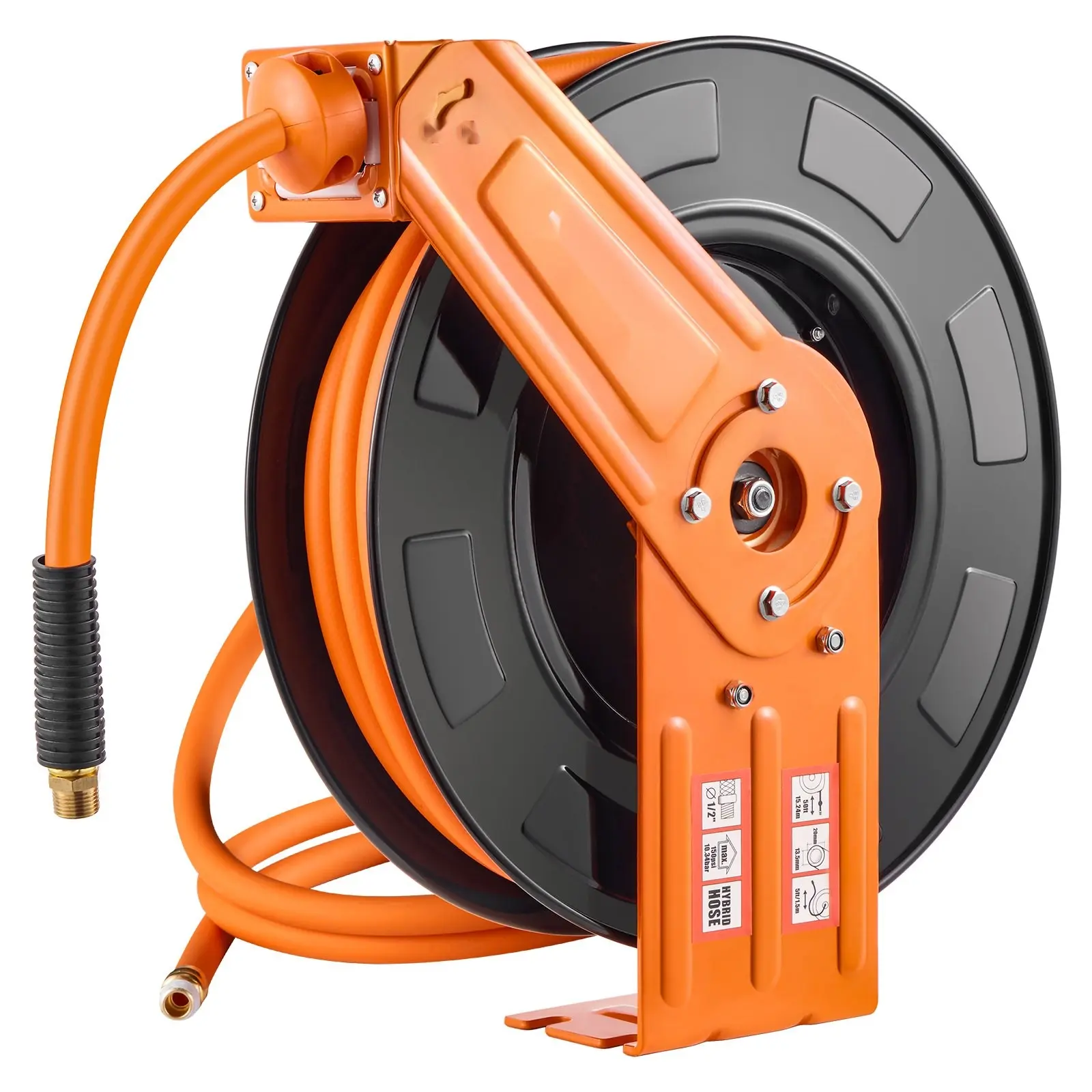 Retractable 1/2-Inch Air Hose Reel, 50-Foot Hybrid Hose, Auto-Rewind Design, 300 PSI Maximum, Durable Steel And Hybrid Material, Wall Mount Bracket, Quiet Operation, Ideal For Garage, Workshop, And Home Improvement