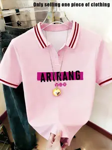 2026 Summer Retro College Polo Shirt, Light Colorblock Print, Breathable Lightweight, Casual Daily Wear, Women's Short Sleeve Top