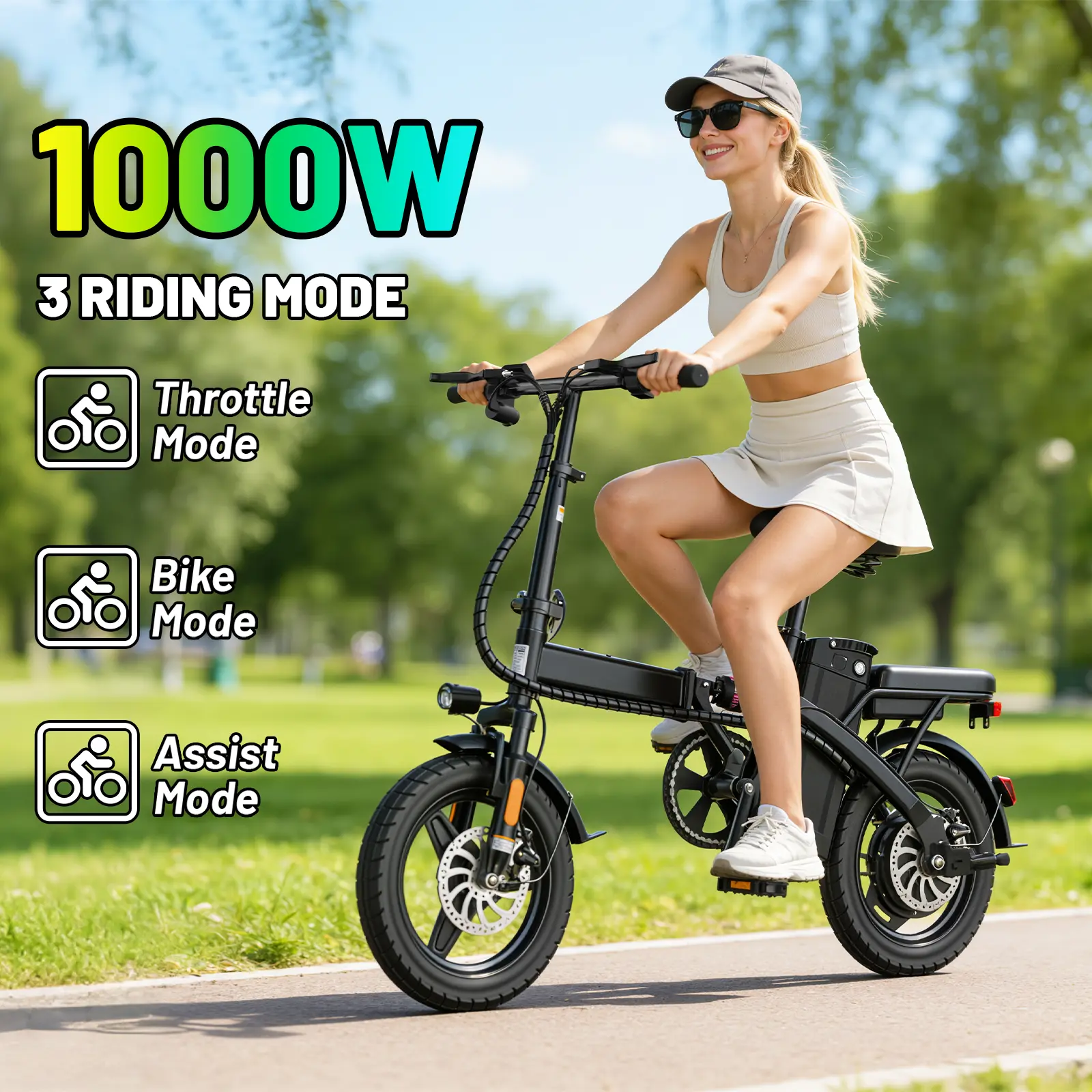 1000W Folding Electric Bike for Adults 14 Inch Portable E-Bike 45 Miles Range Dual Disc Brakes Lightweight City Commuter Bicycle | Teen-friendly riding and passenger carrying supported for daily travel
