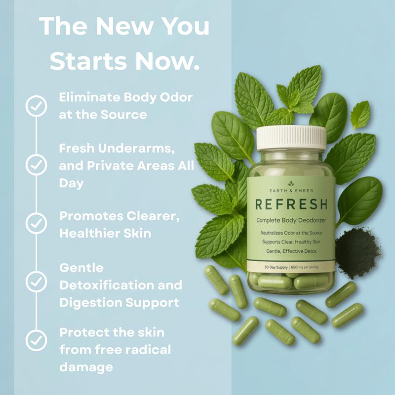 Earth & Ember | REFRESH The Complete Reset |Complete Body Deodorizer & Internal Cleanse Supplement with Chlorophyll Charcoal Parsley Peppermint Zinc & Vitamin C | Vegan Non-GMO Gluten-Free