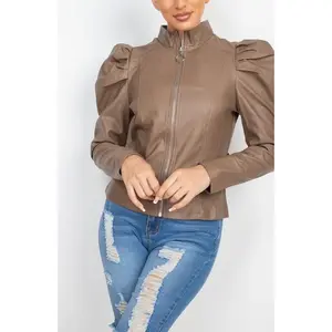 Mocha Puff Belted Faux Leather Jacket