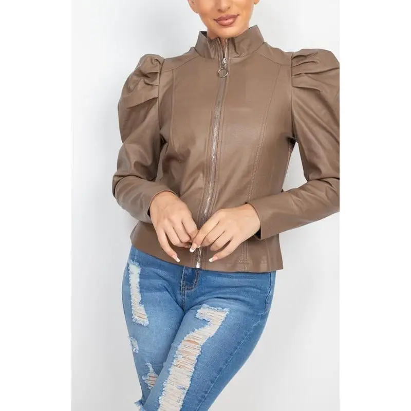 Mocha Puff Belted Faux Leather Jacket