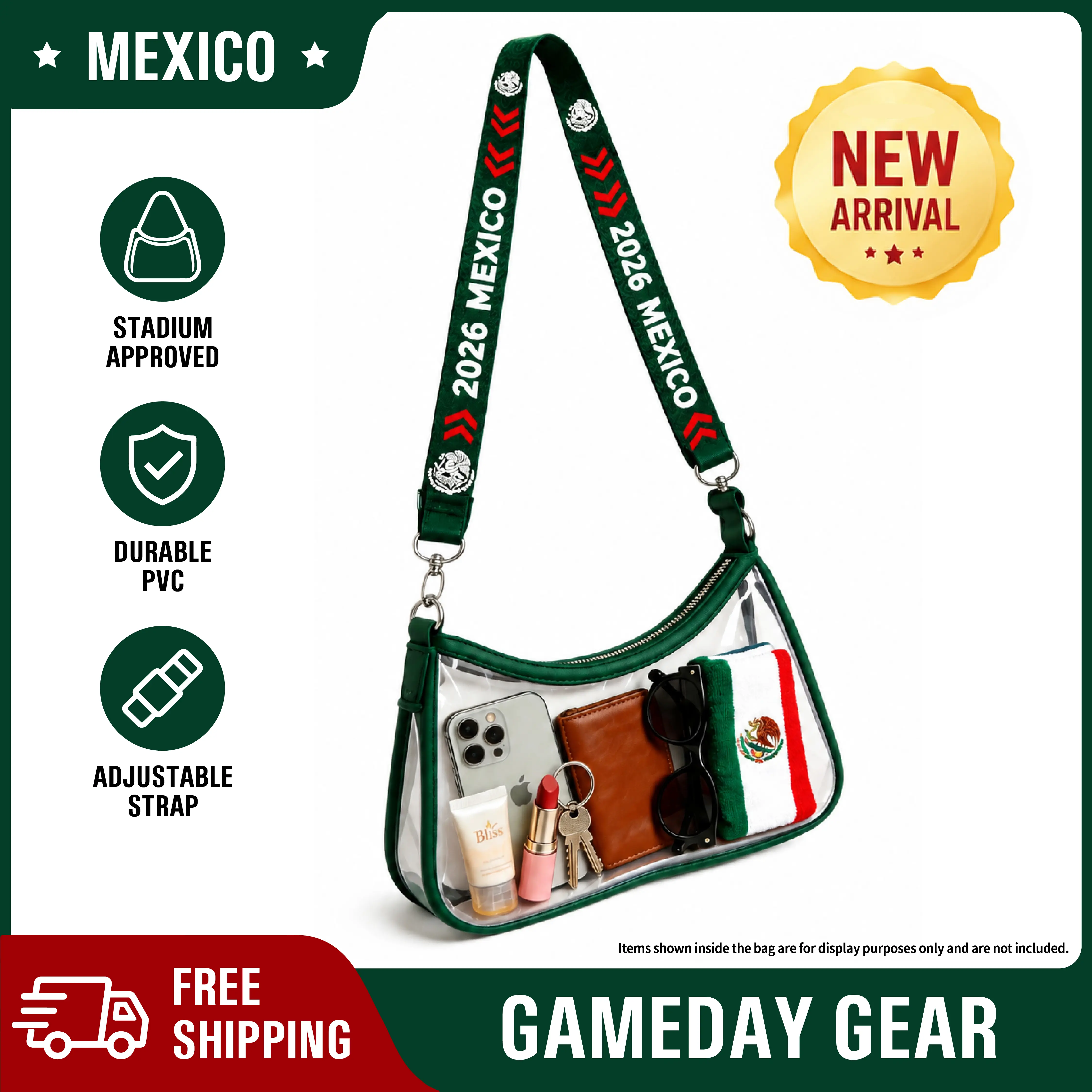 Clear Crossbody Bag, Stadium Approved Shoulder Bag, Mexico-Inspired Strap, Soccer 2026 Fan Gear, for Gameday, Concerts & Festivals, mexican moms, Transparent game day purse, Cellphone Bag