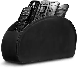 Leather Remote Control Holder with 5 Compartments TV Remote Caddy Storage Box Tray Desktop Organizer Store Controller Glasses Brush Media Player Pen Space Saver for Bedside Table Office Desk Black