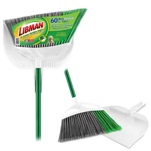 Libman Extra Large Angle Broom & Clean Fibers Dustpan Green Steel Handle 14" Wide Fibers with 60 FlexTough Fibers for Enhanced Sweeping