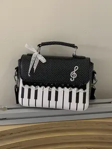 Music theme piano key handbag, black polka-dot piano key printed bow design, simple, fashionable, exquisite and versatile one-shoulder messenger bag, niche and versatile for daily commuting, shopping and dating, etc., Casual Trendy Bag
