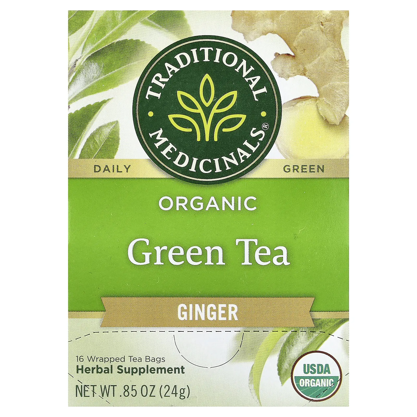 Traditional Medicinals Organic Green Tea, Ginger, 16 Wrapped Tea Bags, 0.85 oz (24 g)
