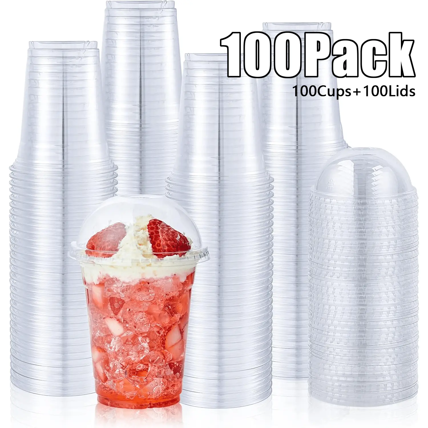 100PCS Clear Plastic Cups with Dome Lids, Disposable Dessert Cups, Parfait Cup for Ice Cream, Iced Cold Coffee Drinks, Cupcake, Fruit for Party