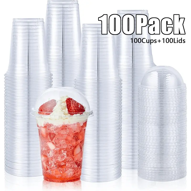 100PCS Clear Plastic Cups with Dome Lids, Disposable Dessert Cups, Parfait Cup for Ice Cream, Iced Cold Coffee Drinks, Cupcake, Fruit for Party