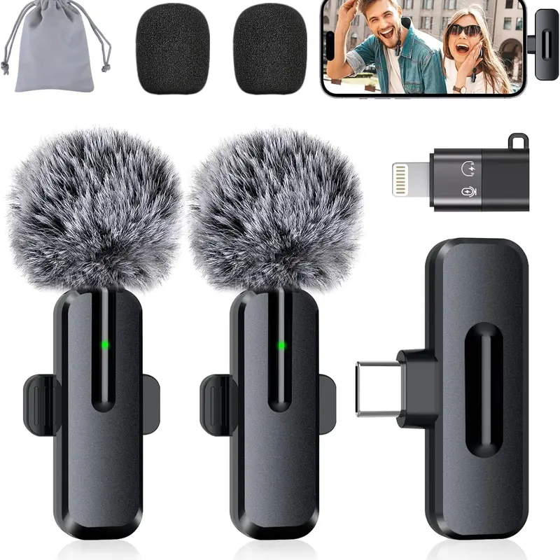 ZOPPLM 2pcs Clip-On Wireless Lavalier Microphones, 50ft Range, USB-C Receiver with Lightning Adapter, 5V Charging Port, ABS Housing, Omnidirectional Noise Reduction Mic, Plug & Play for Content Creators, Works with Smartphone, PC & Tablets