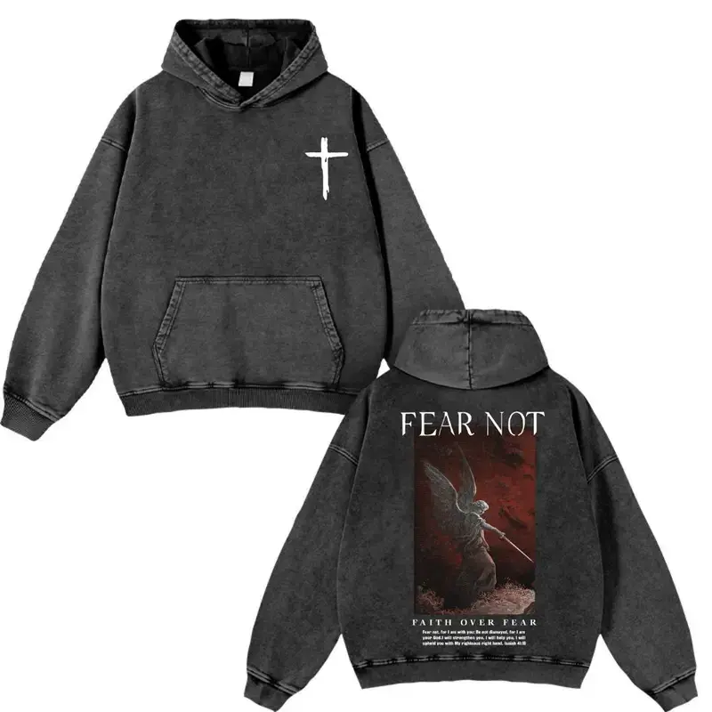 Retro Vintage Fear Not Angel Washed Hoodie, Christian Apparel Streetwear, Oversized Menswear And Women Menswear Tops, Gym Pump Cover