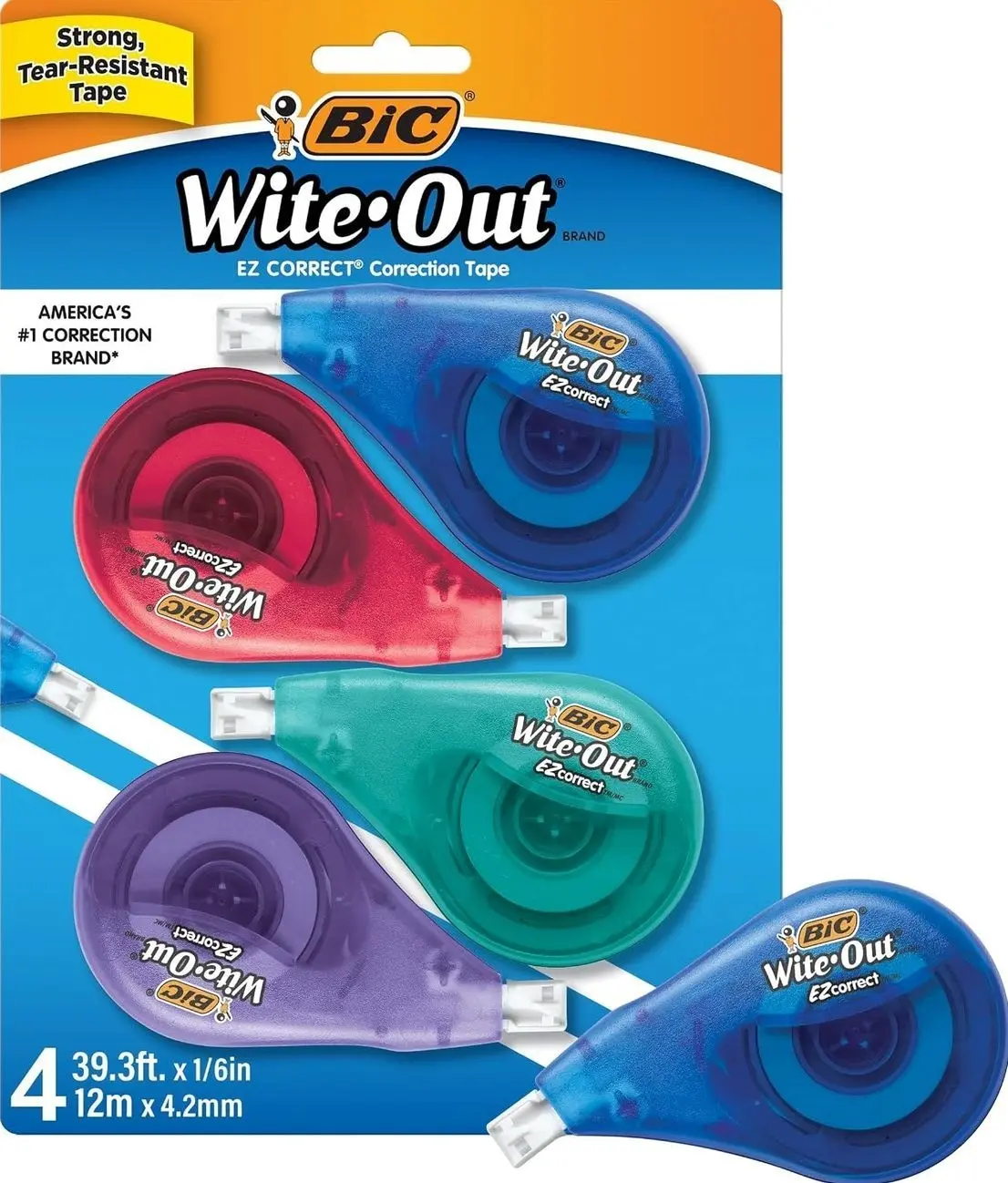 BIC Wite-Out Brand EZ Correct Correction Tape, 39.3 feet, 4-Count Pack of White Correction Tape, Fast, Clean and Easy to Use Tear-Resistant Tape Office or School Supplies