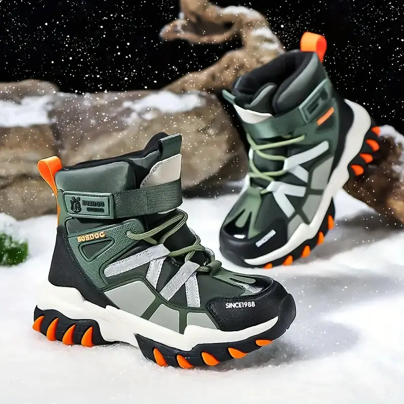 Kids' Outdoor Winter Hiking Boots, Fleece-Lined with Fabric and Synthetic Leather Uppers, Anti-Slip Rubber Sole, Hiking Shoes, Cloth, Fleece-Lined Fabric, Md, Tpr