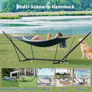 Double Hammock with Stand，Heavy Duty Adjustable Steel Stand,  Portable 2-Person Outdoor Hammock for Patio, 450 lbs Capacity, Steel Frame & Easy Setup, for Patio, Garden, Backyard, Beach, Camping