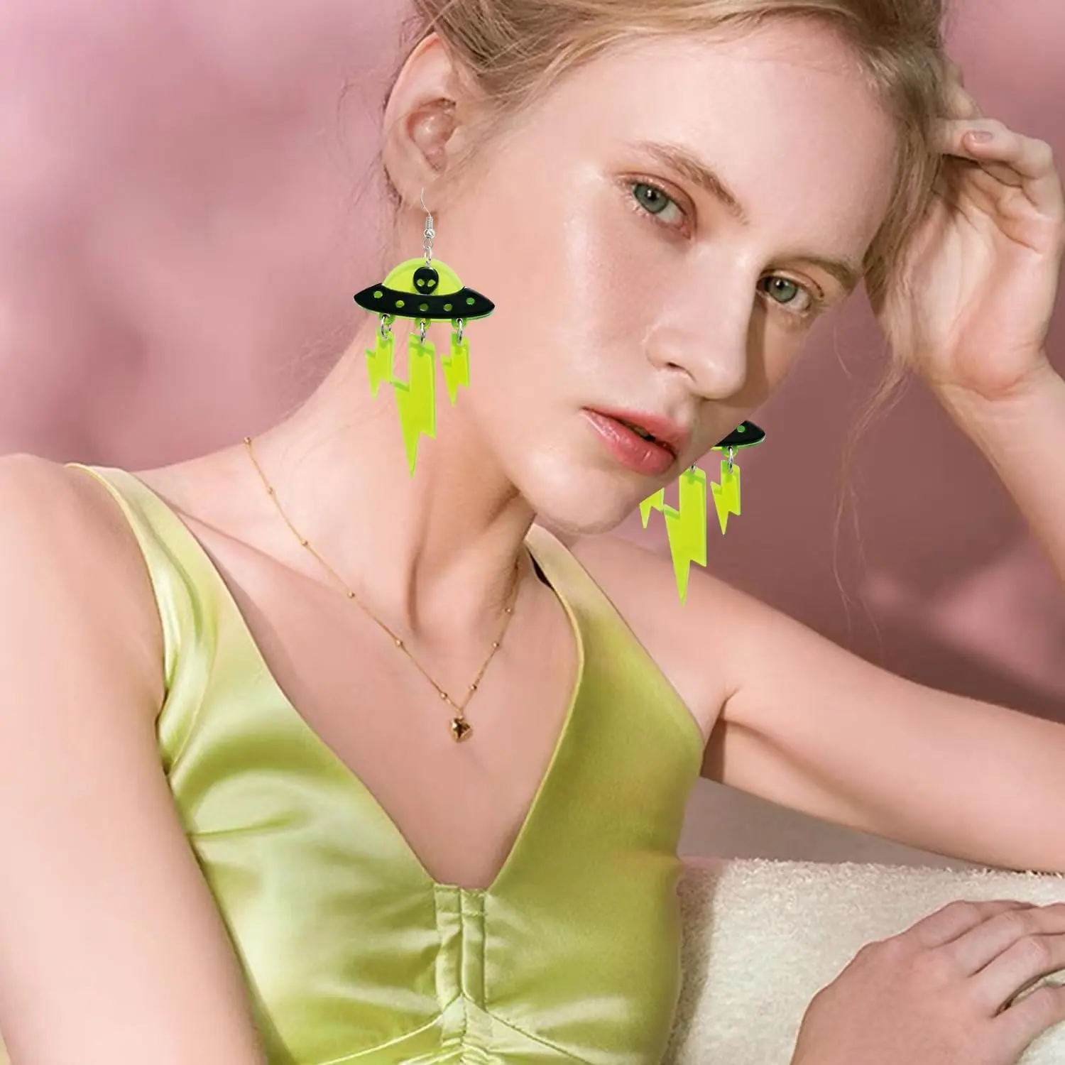 Novelty Spaceship Alien UFO Acrylic Lightning Lightweight Dangle Drop Earrings Geometry Halloween Universe Hook Earrings For Women Jewelry Gifts