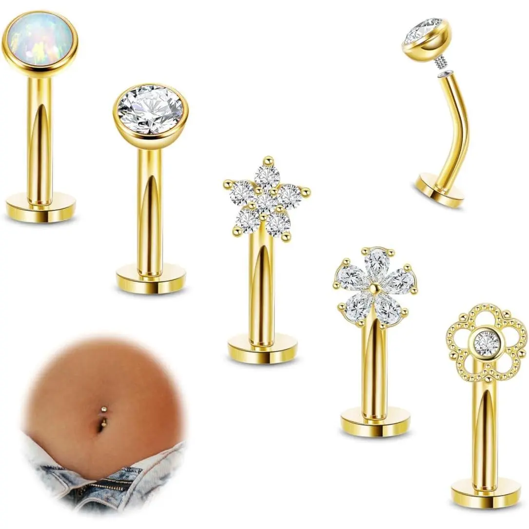 5 14G Surgical Steel Floating Belly Button Rings for Women Flat Back Petite Belly Ring Opal Flower CZ Small Navel Rings Internally Threaded Belly Piercing Jewelry 8/10/12/14mm
