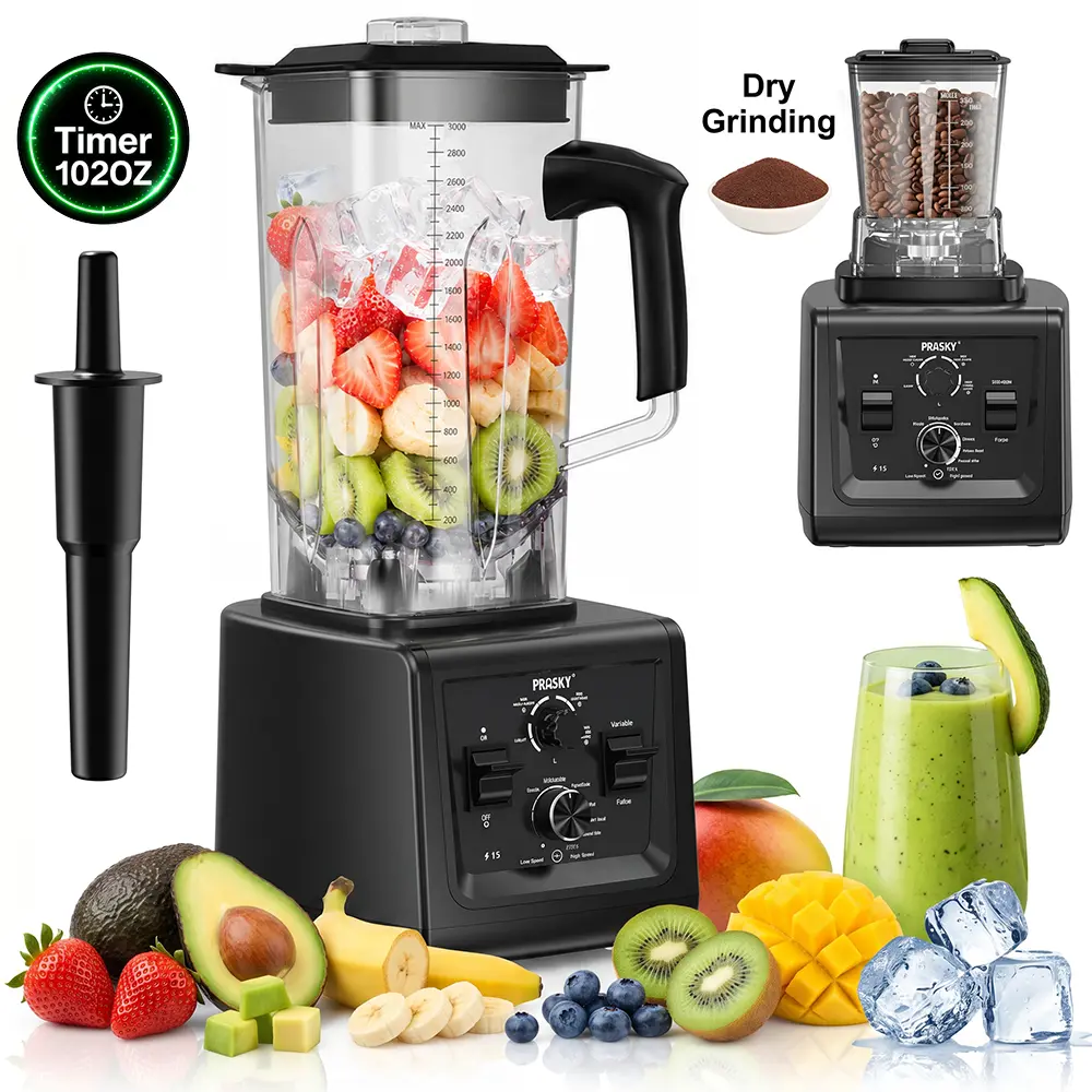 [2026 New] PRASKY 102OZ Timer Blenders for Kitchen, 2-in-1 Blender & Grinder Combo with Timer Settings, 25000RPM Countertop Smoothie Maker, Dual BPA-Free Containers for Ice Crush, Coffee Beans, Dried Chili & Frozen Drinks Fruit Vegetable