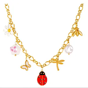 Women's Necklace 18k Gold Plated Steel with Daisy Butterfly Dragonfly and Ladybug Charms,high-quality jewelry, waterproof,hypoallergenic , 4mm x 18" long