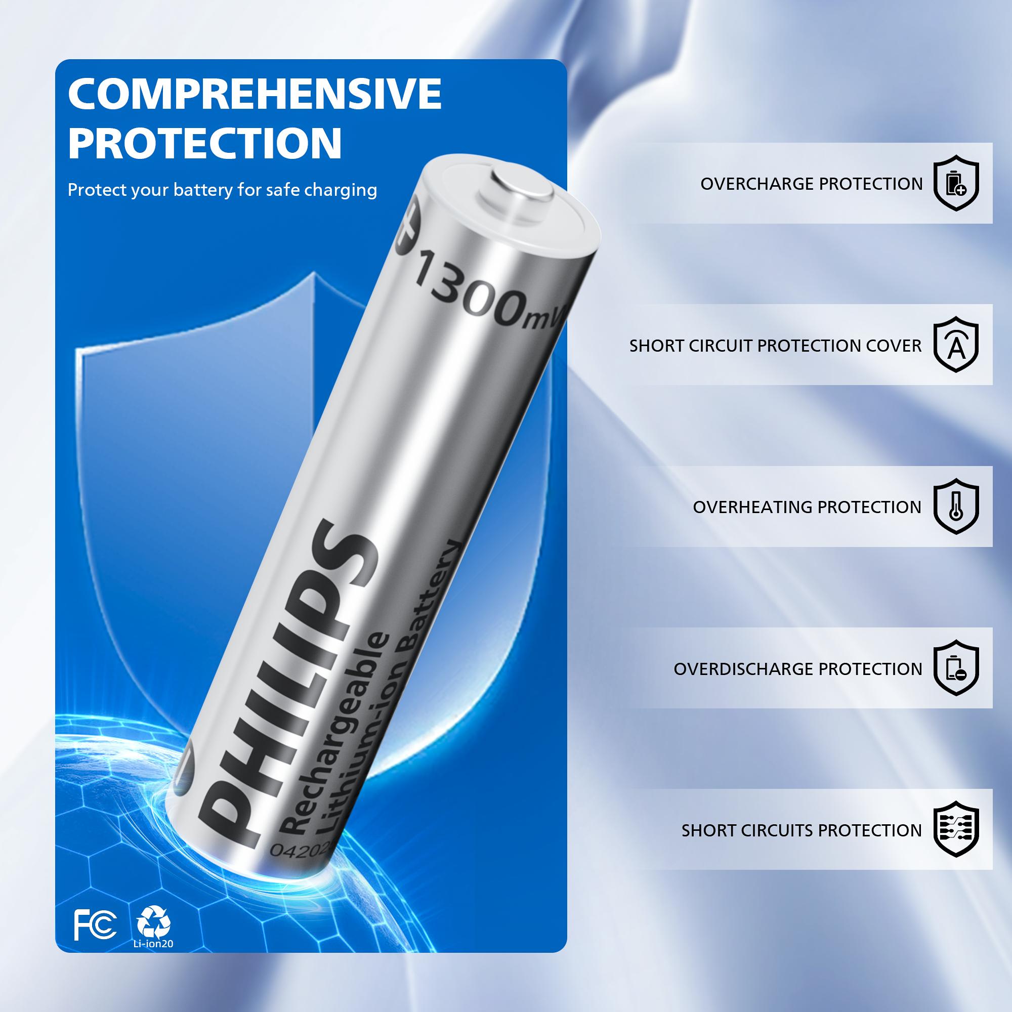 Philips Rechargeable AAA Lithium Ion Batteries - 1300mWh 1.5V Constant Output Li-ion Cells, 1200 Cycles Long-Lasting Power for Alarm Clock, Children's Toys, Lithium Ion Battery