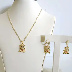 Gold Plated Bear Charm Necklace Chain Earrings Set with Bear Charms and Gold Finish