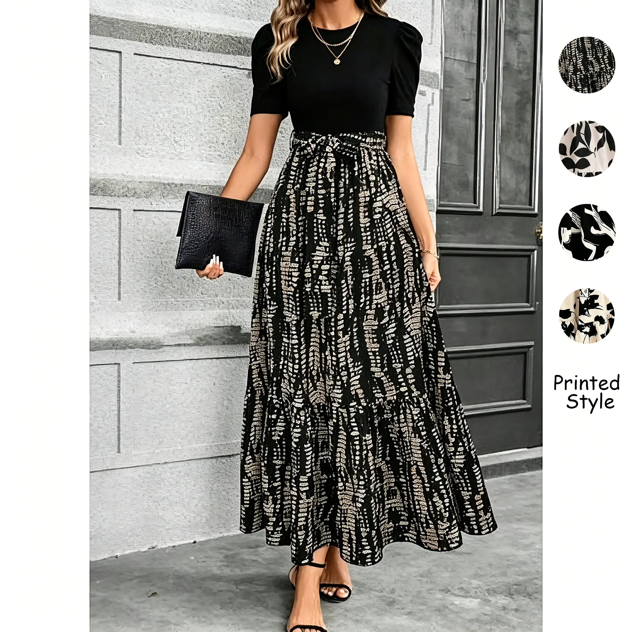 Women's Casual Dress, Printed A-Line Polyester Style with a Round Neck, Short Sleeves, and Cinched Waist, Lady date outing