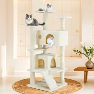 54in Multi Level Cat Tree Tower with 2 Condos 3 Platforms Sisal Scratching Posts Toy Ball Vertical Scratcher for Home Use